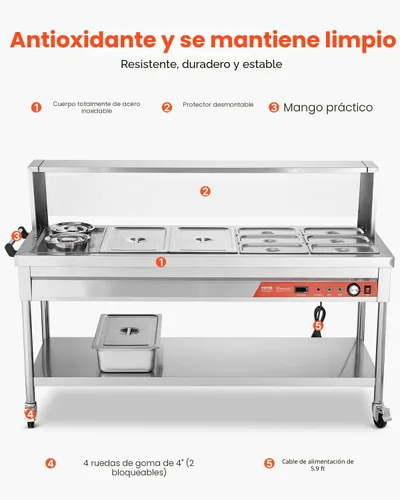Miniatura 5 de VEVOR Calentador de alimentos comercial, mesa de vapor eléctrica de 8 bandejas + 2 ollas, calentador de alimentos profesional de 1800W para buffet