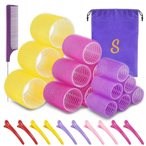 Juego de rodillos de pelo de autoagarre, juego de rodillos de pelo de 18 piezas, rodillos de pelo con pinzas de rodillo y peine, rizadores de