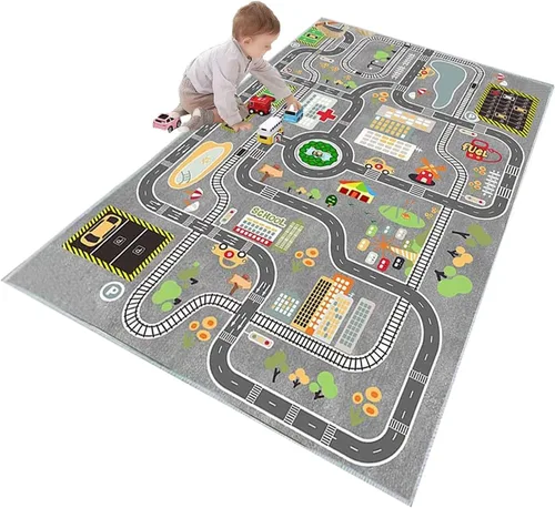Miniatura 10 de Alfombra de juego para niños para autos de juguete, alfombra educativa de tráfico por carretera, alfombra de diviértete , alfombra antideslizante