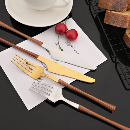 Miniatura 7 de JASHII Juego de cubiertos con mango de madera, juego de cubiertos de acero inoxidable de 20 piezas, pulido con espejo, juego de cucharas y tenedores