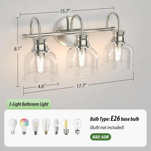 Miniatura 2 de Lámpara de tocador de baño de 3 luces, níquel cepillado, tradicional, clásica, con vidrio transparente, accesorios de iluminación de baño sobre