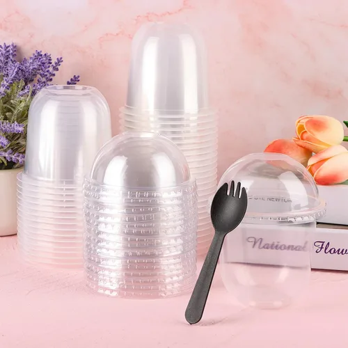 Miniatura 4 de Vasos de plástico calientes/fríos con tapas de cúpula sin agujero, 50 juegos de vasos de postre de plástico para helado, postre, sopa, parfait