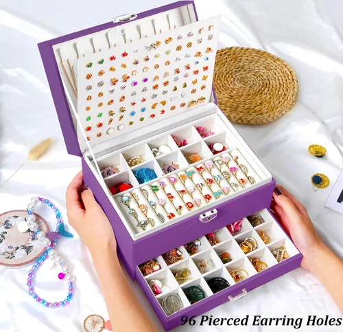 Miniatura 42 de Joyero de pendientes para mujeres y niñas, organizador de aretes de 5 capas, caja organizadora de joyas blanca con candado, collares y aretes