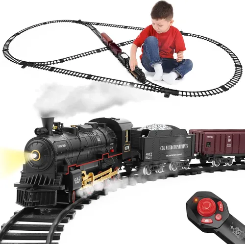 Juego de tren con control remoto, pista de tren eléctrico alrededor del árbol de Navidad con vehículo de carga, luz y sonidos, locomotora de vapor