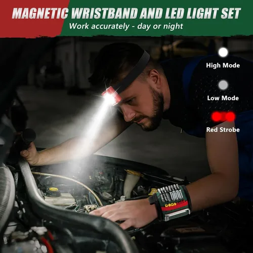 Miniatura 4 de UUP Muñequera magnética con luz LED, correa de herramienta magnética para tornillo y uñas, soporte ajustable para herramientas de muñeca, regalos