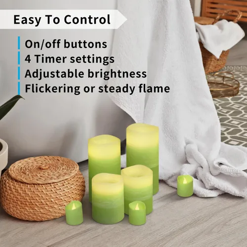 Miniatura 2 de FURORA LIGHTING Velas sin llama verde ombré, cera real, brillo ajustable, control remoto y temporizador, 4 pilares (3 x 4, 3 x 6) y 4 votivos