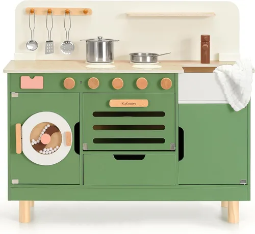 Cocina de madera para niños con lavadora 2 en 1 Montessori Juego de juego de simulación con fregadero y horno, regalo para niños y niñas a partir de