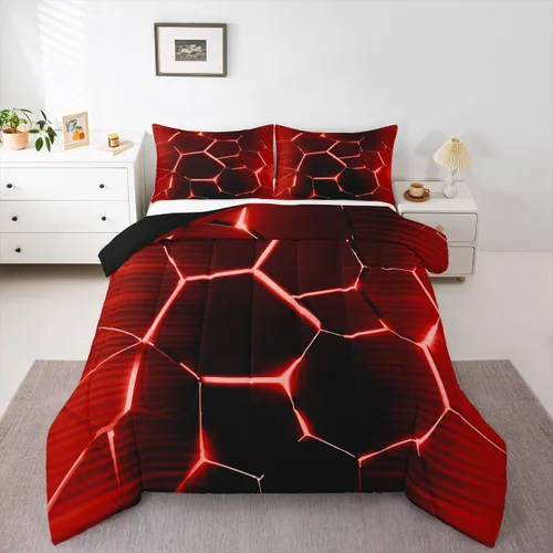 Miniatura 4 de Feelyou Juego de edredón de nido de abeja, edredón hexagonal rojo degradado para niños, niñas, adolescentes, juego de ropa de cama geométrico, Multi
