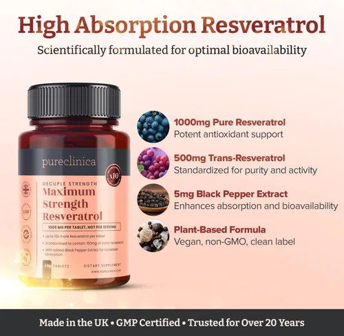 Miniatura 3 de pureclinica 1000 mg de resveratrol x 90 tabletas (suministro de 3 meses). 10 veces de fuerza con extracto de pimienta negra para una absorción más