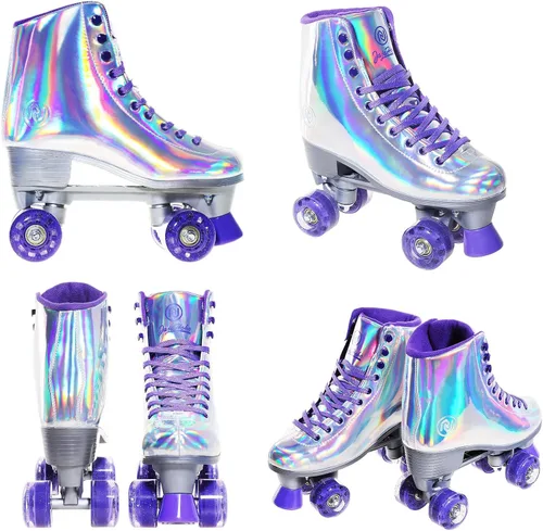 Miniatura 7 de JajaHoho Patines de ruedas para mujeres, piel sintética holográfica de alta calidad, patines brillantes de doble fila de cuatro ruedas para niñas
