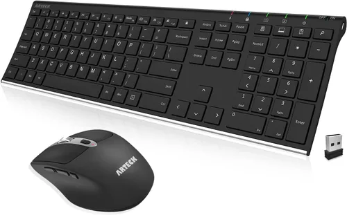 Arteck Combo de teclado y mouse inalámbricos de 2.4 G, teclado de tamaño completo de acero inoxidable y mouse ergonómico con botones laterales para
