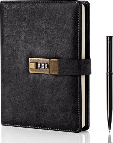 WEMATE Diario con Cerradura, Diario A5 de Cuero PU con Cerradura 240 Páginas, Diario de Cerraduras Vintage, Cuaderno de Contraseña con Bolígrafo,