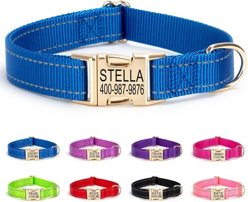 Miniatura 10 de Collar de perro personalizado con etiqueta de nombre, collar de nailon reflectante para mascotas, collares de perro con hebilla grabada Rosa
