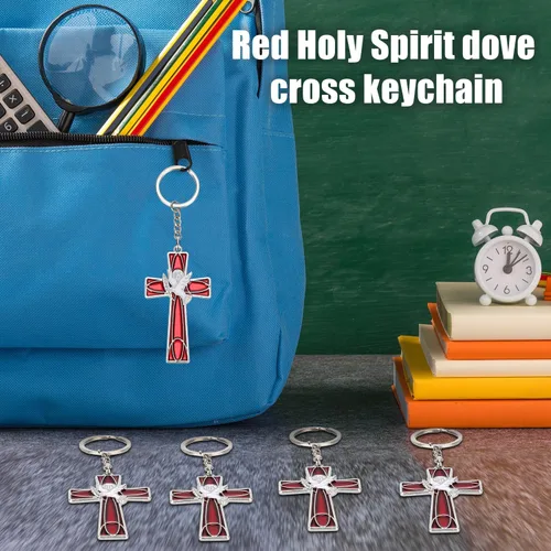 Miniatura 6 de PEUTIER 12 llaveros de cruz de paloma del Espíritu Santo rojo, llaveros de cruz y paloma con bolsas de gasa, recuerdos de confirmación católica