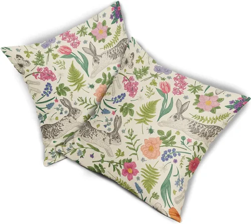 Miniatura 8 de Juego de 2 fundas de almohada de primavera de 16 x 16 pulgadas, diseño de conejo, flores rosas, hojas verdes salvia, plantas botánicas vintage