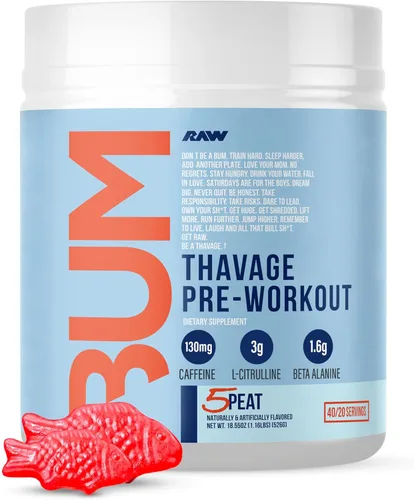 RAW Polvo de preentrenamiento, Thavage (5 Peat, Red Gummy) - Suplemento deportivo de Chris Bumstead para hombres y mujeres - Cbum Pre Workout para