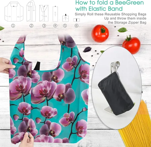 Miniatura 5 de BeeGreen 12 paquetes de bolsas reutilizables de flores, bolsas reutilizables extragrandes de 50 libras, lindo diseño floral, bolsas plegables