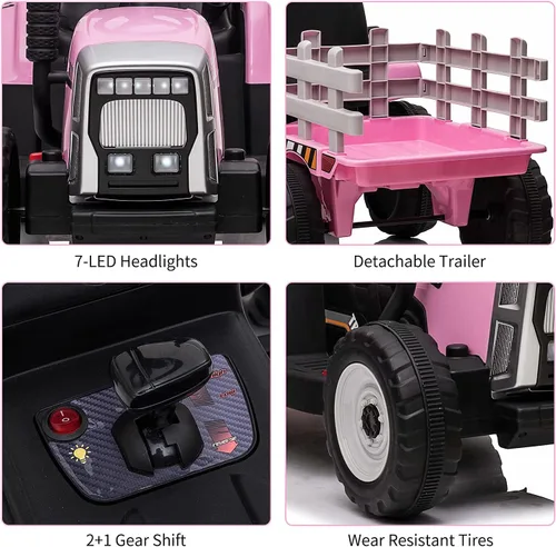 Miniatura 3 de Tractor eléctrico de 12V para niños con batería, con remolque, vehículo de paseo para niños con control remoto/ 7 faros LED/ cambios de marcha 2+1