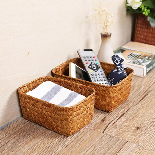 Miniatura 8 de Cestas de almacenamiento de pastos marinos para decoración del hogar, cesta rectangular de mimbre para almacenamiento de aperitivos, cestas tejidas