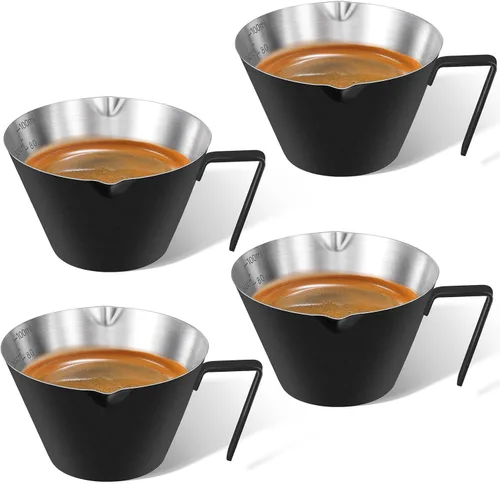Miniatura 20 de 2 piezas de tazas de espresso de acero inoxidable con asa, taza medidora de metal de doble boquilla con doble escala, taza de espresso con boca