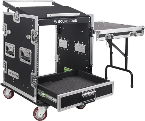 Miniatura 12 de Sound Town 14U PA DJ Caja de rack/ruta ATA para audio profesional con cajón de 2U, parte superior inclinada de mezclador de 11U, mesa de trabajo