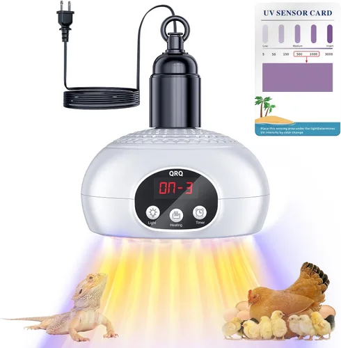 QRQ Calentador de gallinero, lámpara de calor de reptiles de 200 W-350 W-500 W mejorada con luz UVA UVB temporizador de 3-6-9-12 horas, calentador