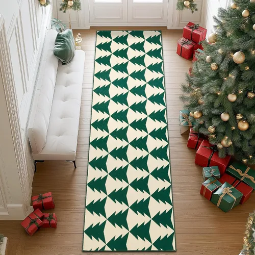 Miniatura 13 de COLLACT Alfombra de pasillo de Navidad de 2 x 10 pies, color verde sobre crema, alfombra de camino de árbol de Navidad, alfombra lavable, alfombra
