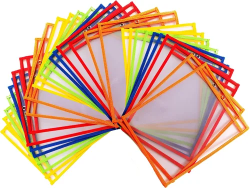 30 bolsillos multicolores de borrado en seco, de gran tamaño, 10 x 13 bolsillos, perfectos para la organización del aula, bolsillos reutilizables de