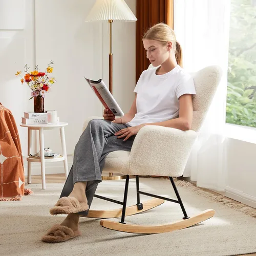 Miniatura 5 de DUMOS Mecedora con respaldo alto, silla deslizadora tapizada de lectura para interiores con asiento cómodo, balancín deslizante para dormitorio
