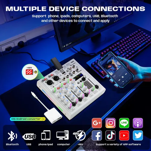 Miniatura 3 de Bolanle Mezclador DJ de 4 canales con 100 efectos DSP, interfaz de audio USB y Bluetooth, tarjeta de sonido profesional para podcast, karaoke