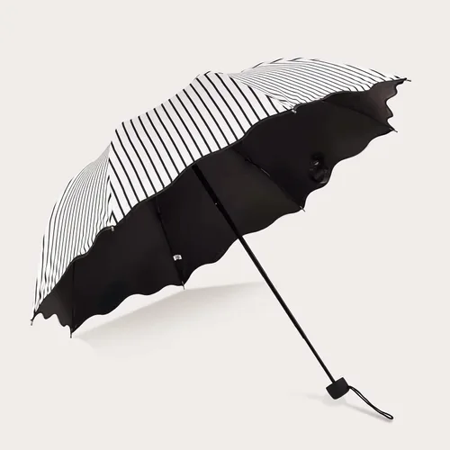 Miniatura 3 de URAWESO Sombrilla a rayas con protección UV para viajes, playa, compacto, plegable, para caminar (blanco)