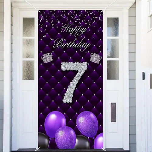 Miniatura 41 de Cartel morado de feliz primer cumpleaños telón de fondo para cabina de fotos, globos de corona plateada, decoración temática para niña, aniversario