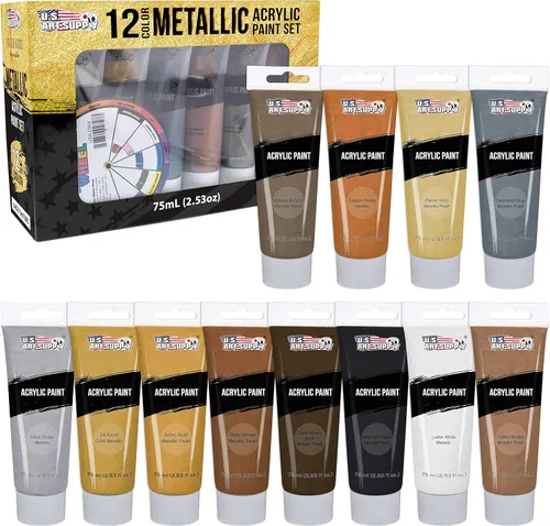 U.S. Art Supply Juego de pintura acrílica metálica profesional, 12 colores metálicos ricos, tubos de 2.4 onzas líquidas, pintura artesanal para