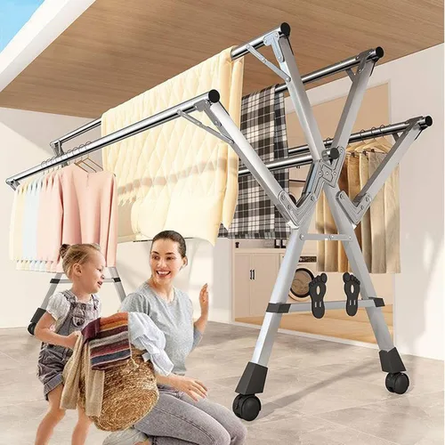 Miniatura 2 de Estante de secado retráctil de ropa para lavandería, con estantes, estante de secado de ropa plegable con ruedas, estante de secado de acero