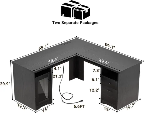 Miniatura 3 de Unikito Escritorio de oficina en forma de L con cajón, escritorio para computadora de 60 pulgadas con toma de corriente y puerto de carga USB, Negro