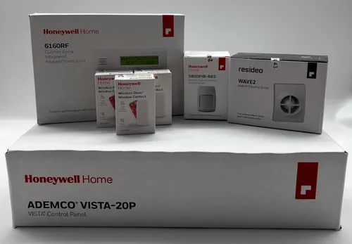 Kit inalámbrico Honeywell Vista 20P con teclado 6160RF, un sensor de movimiento 5800PIR-Res, tres contactos de puerta/ventana 5800MINI y una sirena