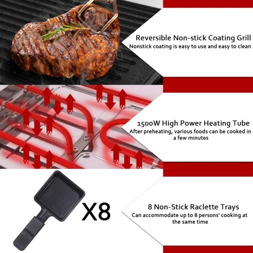 Miniatura 3 de CUSIMAX Raclette Grill Mesa de parrilla eléctrica, portátil 2 en 1 parrilla coreana de interior y queso Ractlette, placa reversible antiadherente