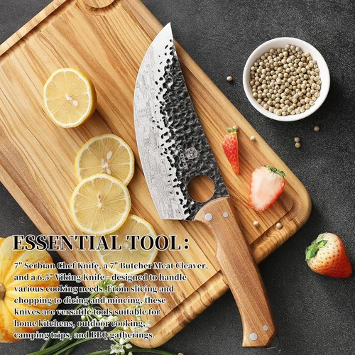 Miniatura 8 de Set de 3 cuchillos de carnicero, incluye cuchillo de carnicero de 17,8 cm, cuchillo de chef serbio de 17,8 cm y cuchillo vikingo de 16,5 cm, juego