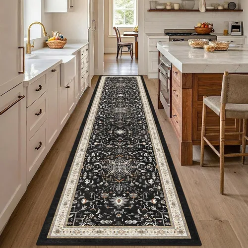 Miniatura 2 de nesrt Alfombra bohemia lavable de 2 x 10 pies, suave, antideslizante, extra larga, alfombra de cocina, color negro, vintage, geométrico, camino
