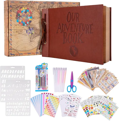 Miniatura 14 de Álbum de fotos para álbumes de recortes Nuestro Libro de Aventura, libro de memorias de cuero con palabras en relieve en 3D con 80 páginas