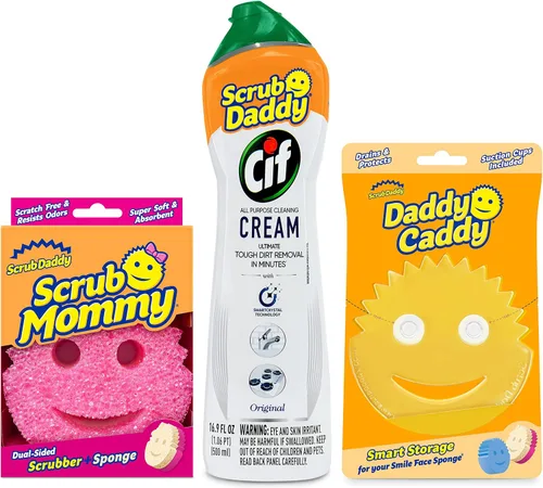 Scrub Daddy Scrub Mommy, Daddy Caddy + Cif Limpiador Multiusos - Estropajo de dos caras sin arañazos para cocina y baño + crema de limpieza