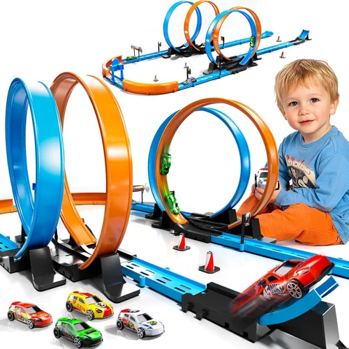 LILYBUDS Juego de Regalo de Pista de Autos de Juguete para Niños de 3-5, 4-7, 8-12 Años, Pistas de Carreras Largas con 4 Bucles de Acción y 4 Autos