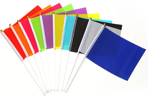 Paquete de 50 banderas de color sólido, pequeñas banderas de mano pequeñas, juego de banderas blancas, negras, amarillas, naranjas, azules, moradas,