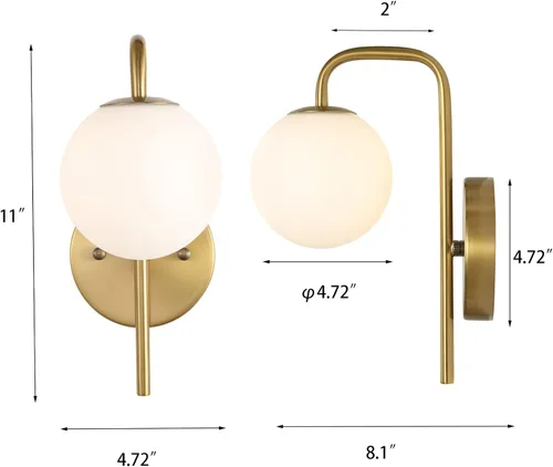Miniatura 4 de BYOLIIMA Moderno juego de 2 apliques de pared de globo dorado industrial de mediados de siglo con pantalla de vidrio blanco de globo de latón