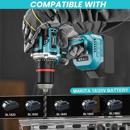Miniatura 5 de DIYtoolifz Taladro Eléctrico Inalámbrico Compatible con Batería de 18V de Makita, Juego de Taladro Eléctrico Sin Escobillas de 1/2 Pulgadas, 440