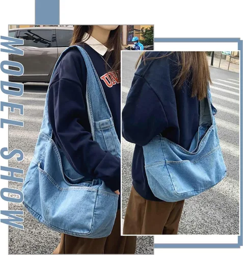 Miniatura 6 de Bolsas de mezclilla estilo hobo para mujer, estilo retro, para el hombro, estilo casual, para adolescentes, niñas