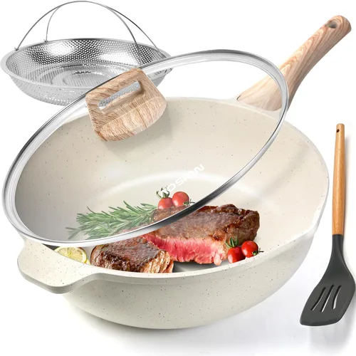 Miniatura 9 de AOSION Sartén profunda de cerámica antiadherente de 12 pulgadas con tapa y estante de vapor, sartén de 5.5 cuartos de galón, sartén de cerámica