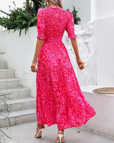 Miniatura 73 de BTFBM Vestidos para mujer, cuello redondo, casual, de verano, con volantes, manga corta, bohemio, con niveles, fruncido, largo, con estampado floral