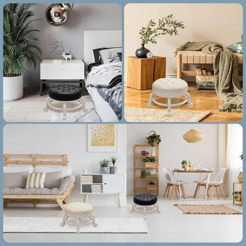 Miniatura 6 de Taburete bajo redondo rodante, de piel sintética, 360°, más cómodo, giratorio con cojín de esponja gruesa para salón de uñas, pedicura, spa y hogar