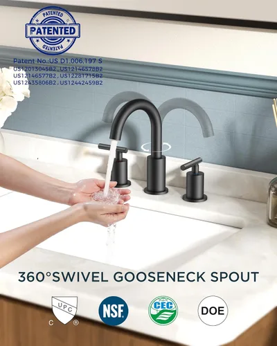 Miniatura 4 de FORIOUS Grifo de baño negro de 3 agujeros, 8 pulgadas, grifo de lavabo de baño negro mate generalizado con boquilla giratoria de 360°, adecuado